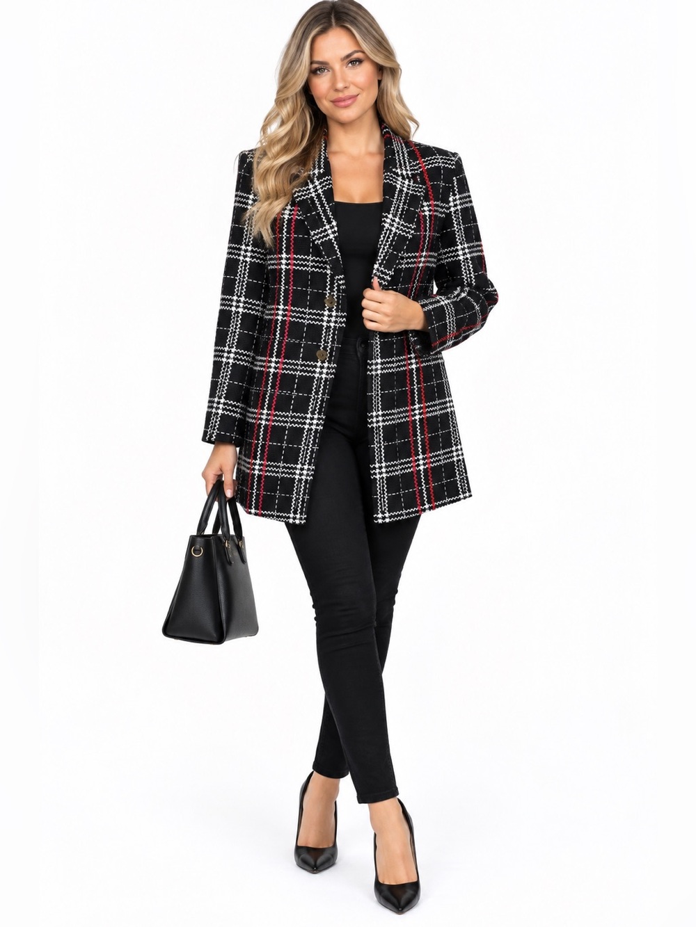 St. John Caviar Black Plaid Blazer with White and Red Windowpane MSRP $1900